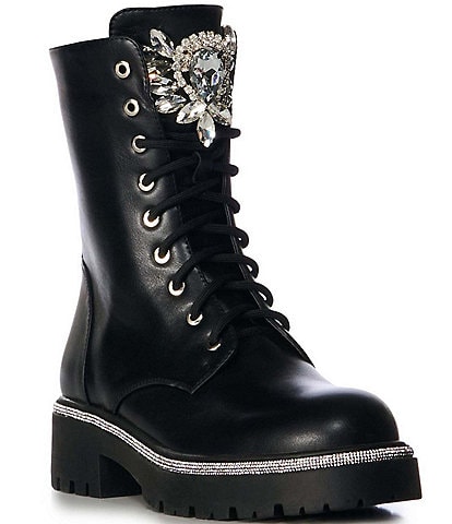 Azalea Wang Lewellyn Rhinestone Ornament Combat Booties