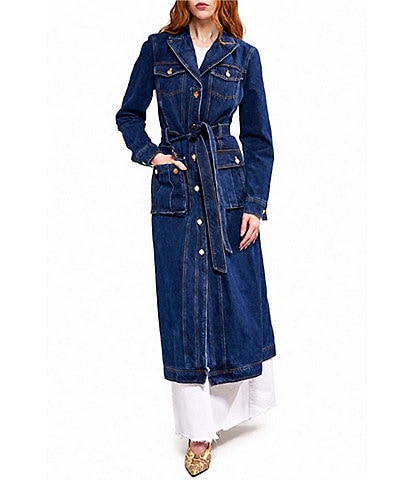 Azalea Wang Lucienne-Denim Point Collar Belted Button Front Trench Coat
