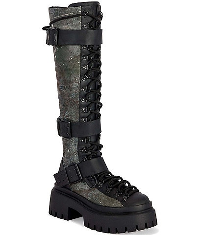 Azalea Wang Lyra Camouflage Buckle Strap Tall Platform Combat Boots