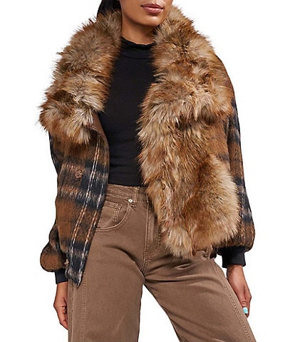 Azalea Wang Maddy-Brown Faux Fur Oversize Collar Button Front Jacket