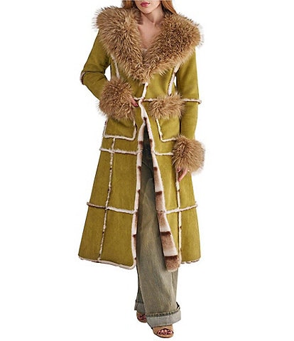 Azalea Wang Maude Olive Faux Fur Lined Exposed Patchwork Maxi Trench Coat