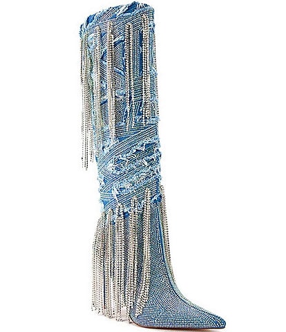 Azalea Wang Mischief Distressed Denim Crystal Fringed Tall Boots