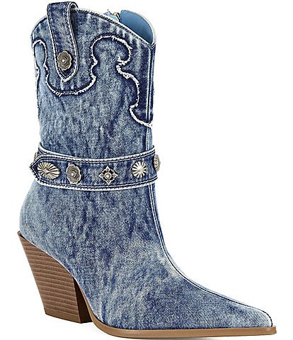 Azalea Wang Neith Denim Concho Strap Western Booties