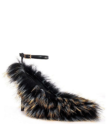 Azalea Wang Noir Faux Fur Ankle Strap Pointed Toe Pumps