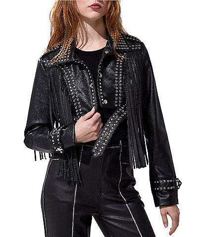 Azalea Wang Oakly Fringe Studded Moto Cropped Jacket