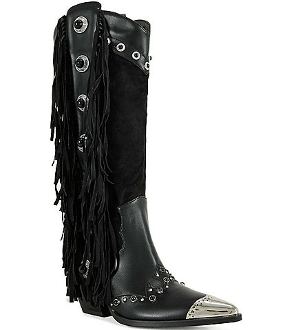 Azalea Wang Pelagius Studded Mixed Fringe Western Boots