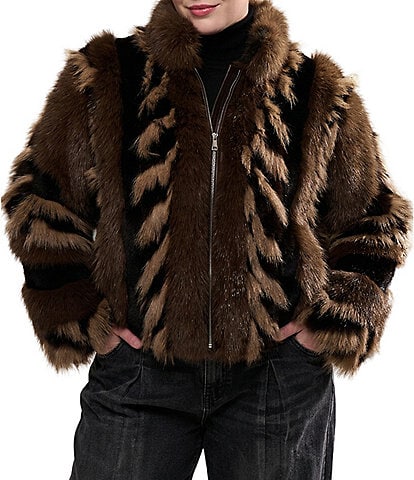 Azalea Wang Plus Size Inez Striped Faux Fur Collared Filled Statement Jacket