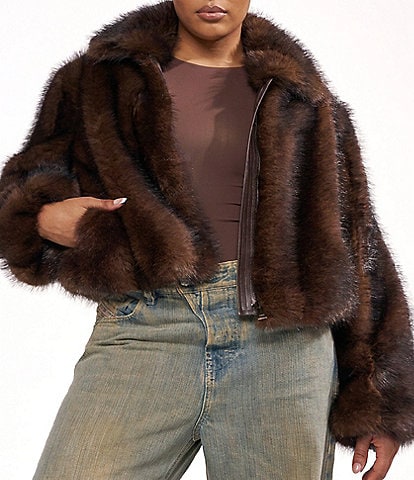 Azalea Wang Plus Size Kessia-Chocolate Faux Fur Collar Neck Oversize Fit Jacket