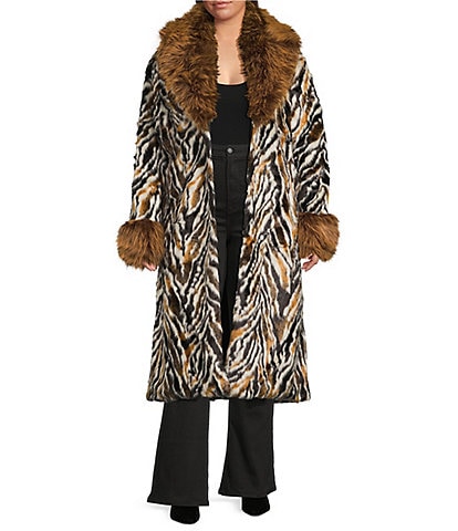 Azalea Wang Plus Size Tiana Retro Animal Print Faux Fur Shawl Collared Oversize Trench Coat