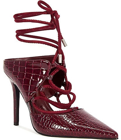 Azalea Wang Ramona Croco Embossed Ankle Tie Pointed Toe Pumps
