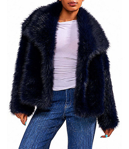Azalea Wang Regina-Navy Oversize Shawl Collar Faux Fur Jacket