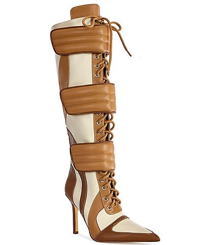 Azalea Wang Schumacher Colorblock Lace Up Pointed Toe Tall Boots