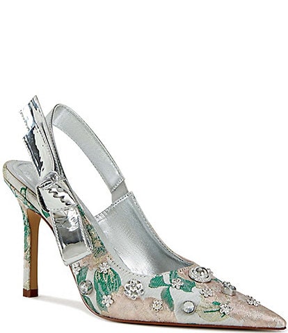 Azalea Wang Sericus Floral Jacquard Rhinestone Studded Slingback Pumps