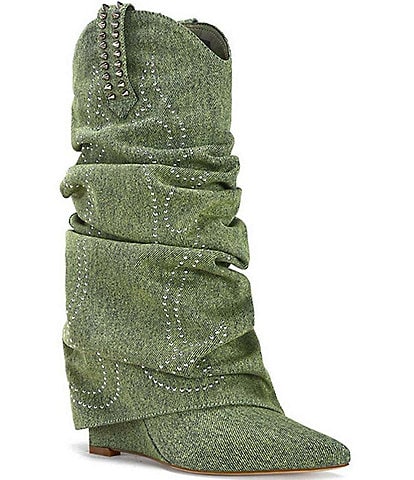 Azalea Wang Sinead Denim Studded Foldover Scrunch Shaft Western Mid Boots