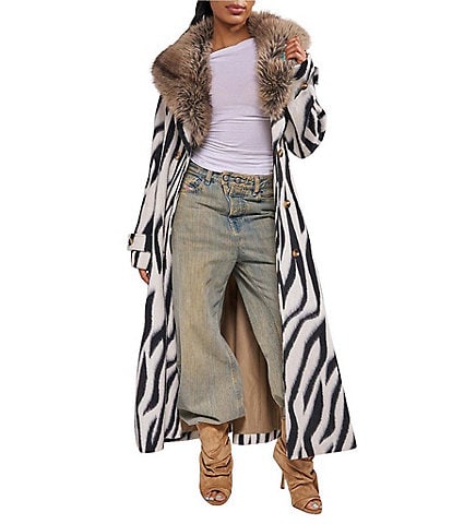 Azalea Wang Softwave Zebra Wool Blend Faux Fur Oversize Shawl Collar Belted Trench Coat