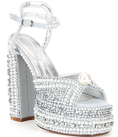 Azalea Wang SomethingBlue Pearl and Rhinestone Embellished Platform Dress Sandals