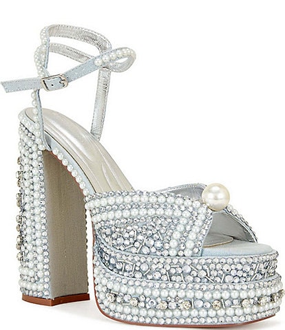 Azalea Wang SomethingBlue Pearl and Rhinestone Embellished Platform Dress Sandals