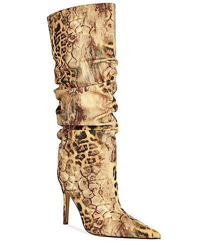 Azalea Wang Sterre Patchwork Leopard Print Slouch Shaft Tall Boots
