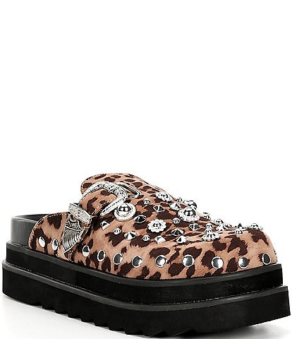 Azalea Wang Swiftly Leopard Print Studded Platform Clogs