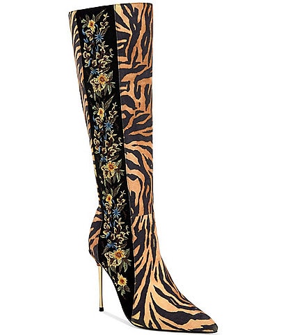 Azalea Wang Talune Tiger Floral Print Pointed Toe Tall Boots