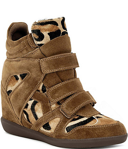 Azalea Wang Tempest Suede Leopard Print Hidden Wedge Sneaker Booties