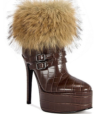 Azalea Wang Thalora Croco Embossed Faux Fur Cuff Platform Booties