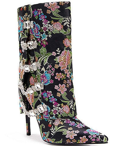 Azalea Wang Tilley Floral Brocade Rhinestone Foldover Boots