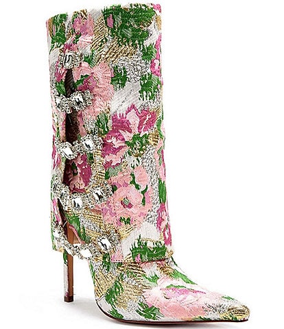 Azalea Wang Tilley Floral Brocade Rhinestone Foldover Boots