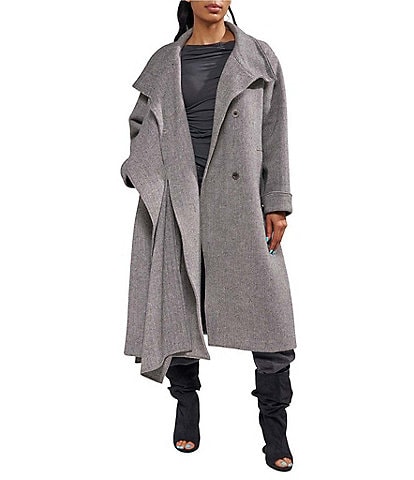 Azalea Wang Tina Wool Blend Asymmetrical Scarf Neck Oversize Belted Wrap Coat