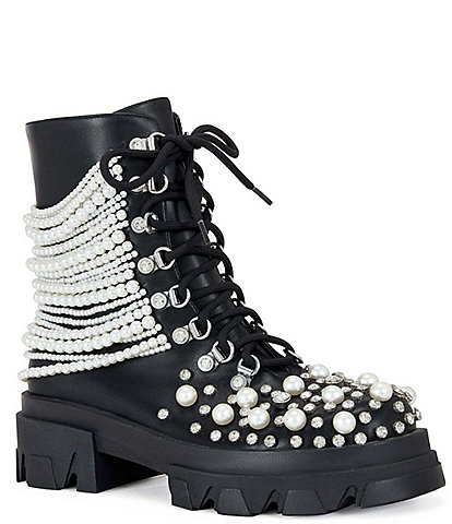 Azalea Wang Twinkley Pearl and Rhinestone Embellished Combat Boots