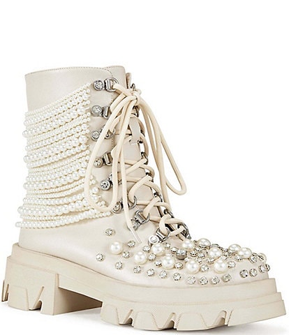 Azalea Wang Twinkley Pearl Rhinestone Embellished Combat Boots
