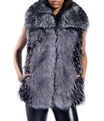 Azalea Wang Vanesa Raccoon Pattern Faux Fur Shawl Collar Oversize Zip Front Vest
