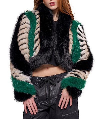 Azalea Wang Vesper-Green Multi Faux Fur Open Front Cropped Jacket