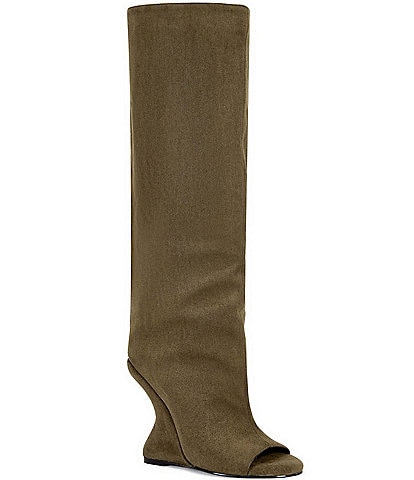 Azalea Wang Vincent Textile Peep Toe Sculptural Wedge Tall Boots