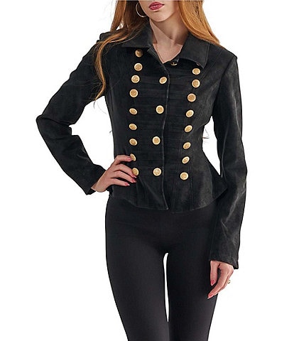 Azalea Wang Xenia-Black Stand Collar Ruffle Back Hem Button Front Jacket