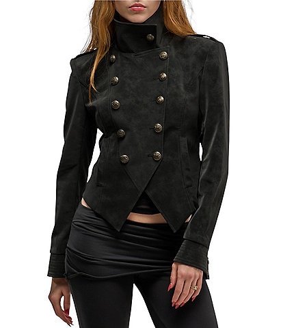 Azalea Wang Xenia Stand Collar Ruffle Back Hem Button Front Jacket