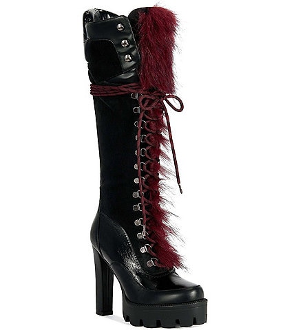 Azalea Wang Zuri Lace Up Faux Fur Tall Lug Platform Boots