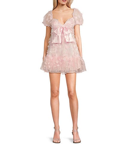 B. Darlin 3D Floral V-Neck Short Puff-Sleeve Bow Front Ruffle Dress