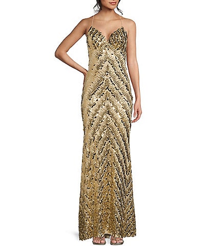 B. Darlin Bungee Spaghetti Strap V-Neck Sequin and Pities Long Dress