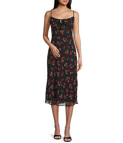 B. Darlin Cherry Print Scoop Neck Tie Front Ruffle Hem Midi Dress