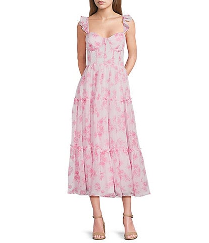 B. Darlin Chiffon Floral Printed Sweetheart Neck Bustier Layered Midi Dress