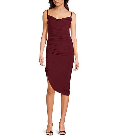 B. Darlin Cowl Neck Shirred Asymmetric Hem Knee Length Dress