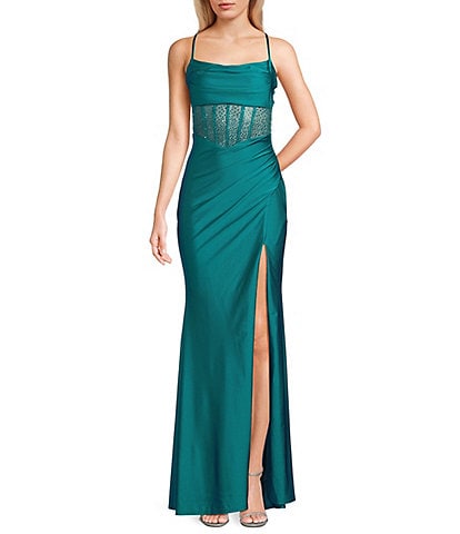 B. Darlin Cowl Neck Spaghetti Strap Rhinestone Illusion Corset Bodice Front Slit Dress