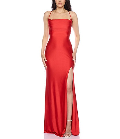 B. Darlin Cowl Pleated Neck Front Slit Lace-Up Back Shiny Knit Long Dress