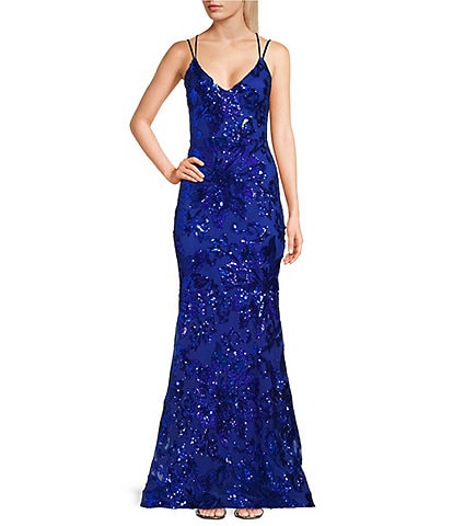 B. Darlin Double Spaghetti Strap V-Neck Placement Sequin Long Dress