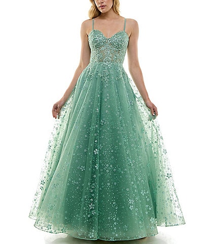 B. Darlin Embellished Lace Mesh Corset Ball Gown
