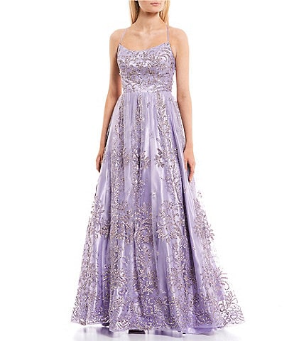 B. Darlin Embellished Sequin Cross Back Strap Ball Gown