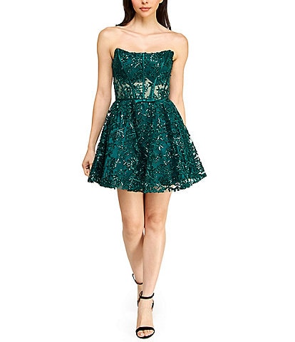 B. Darlin Embroidered Sequined Mesh Strapless Illusion Bustier Party Dress