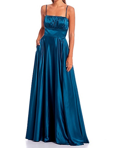 B. Darlin Emma Sleeveless Ruched Square Neck Side Slit Satin Ball Gown