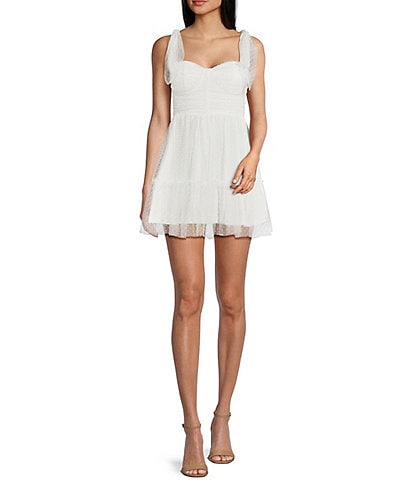 B. Darlin Flocked Dot Mesh Sweetheart Neck Shirred Bustier Mini Dress